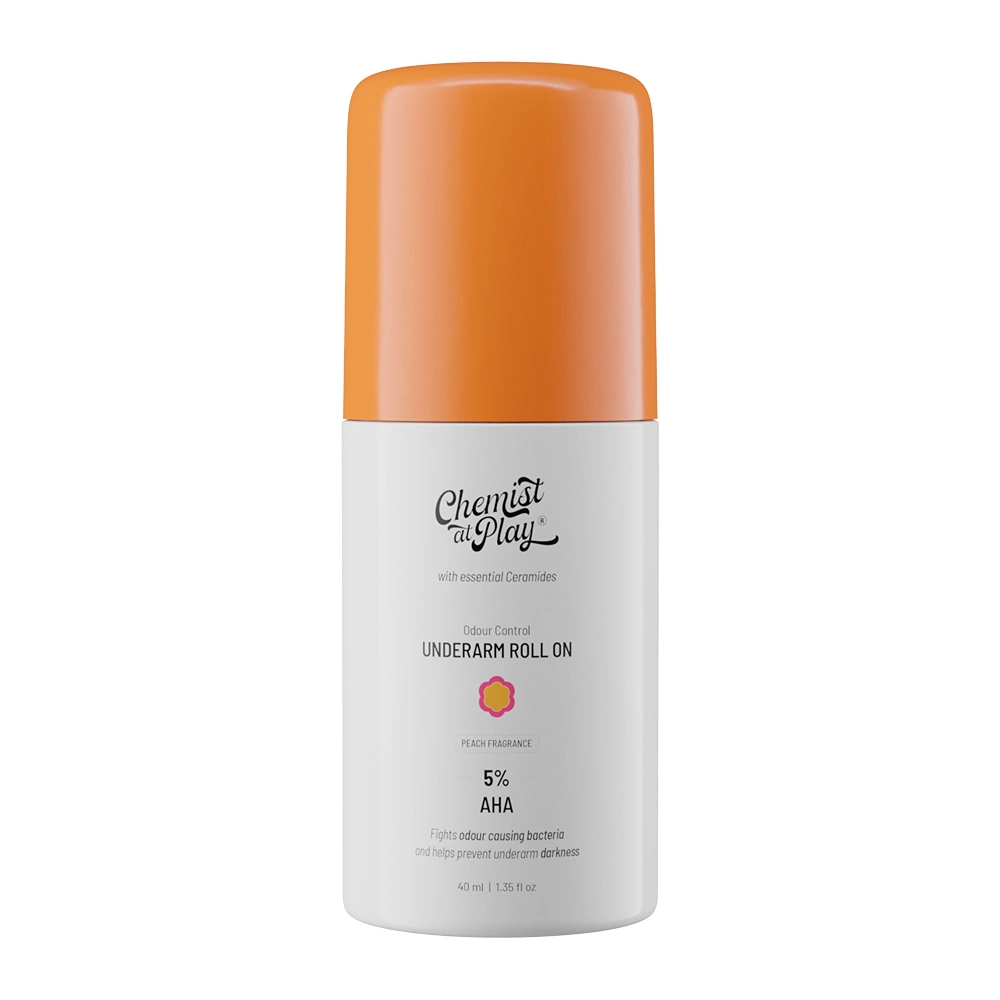 Chemist at Play UnderArm Roll On with 4% Lactic Acid & 1% Mandelic Acid | Prevents Odour, Help Whitens & Brightens Skin, Kills Bacteria & Exfoliates Underarm | Long Lasting Peach Fragrance | Alcohol & Aluminium Free | 40 ml