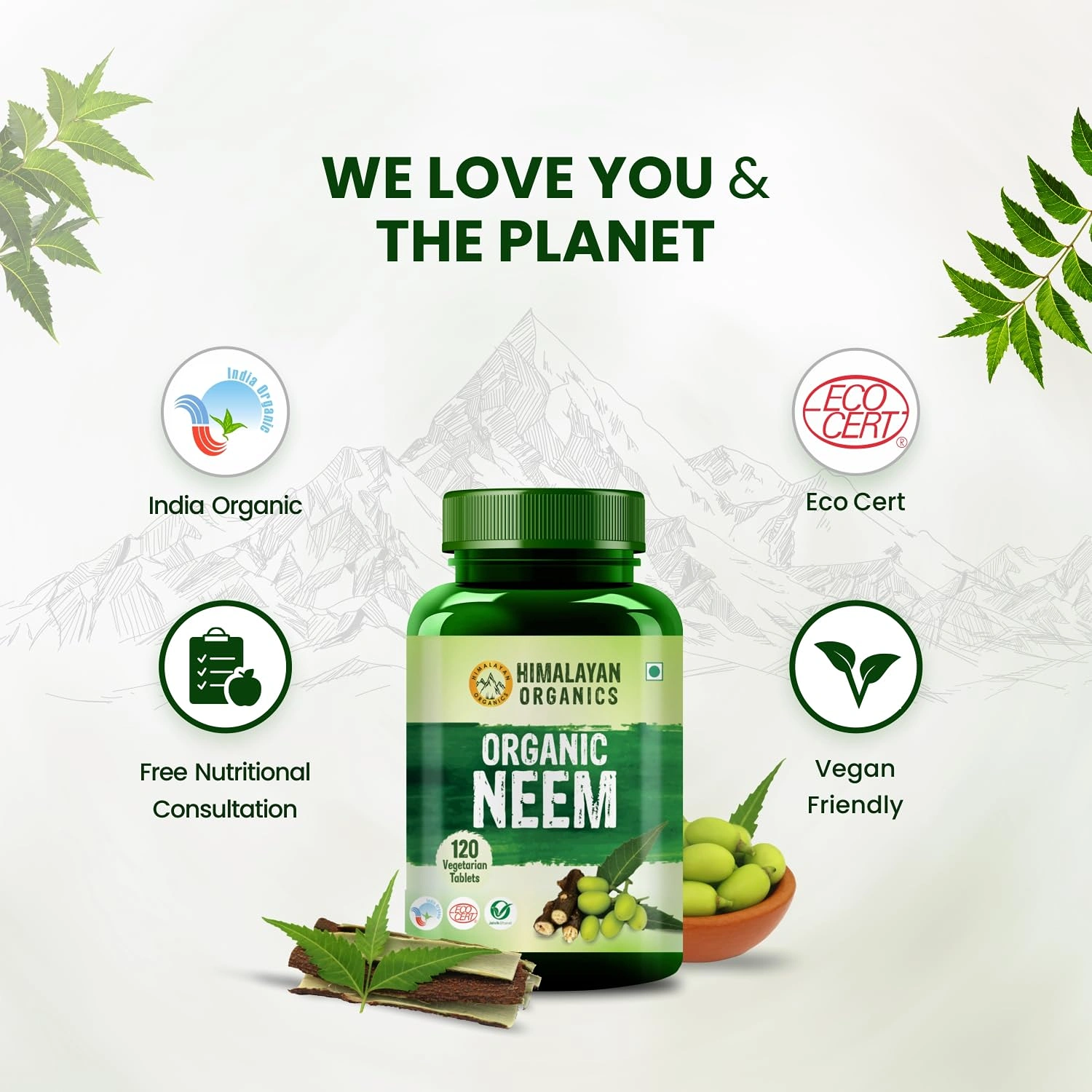 Vlado's Himalayan Organics Organic Neem Tablets | Helps In Purification of Blood | Healthy Skin & Hair (120 Tablets)