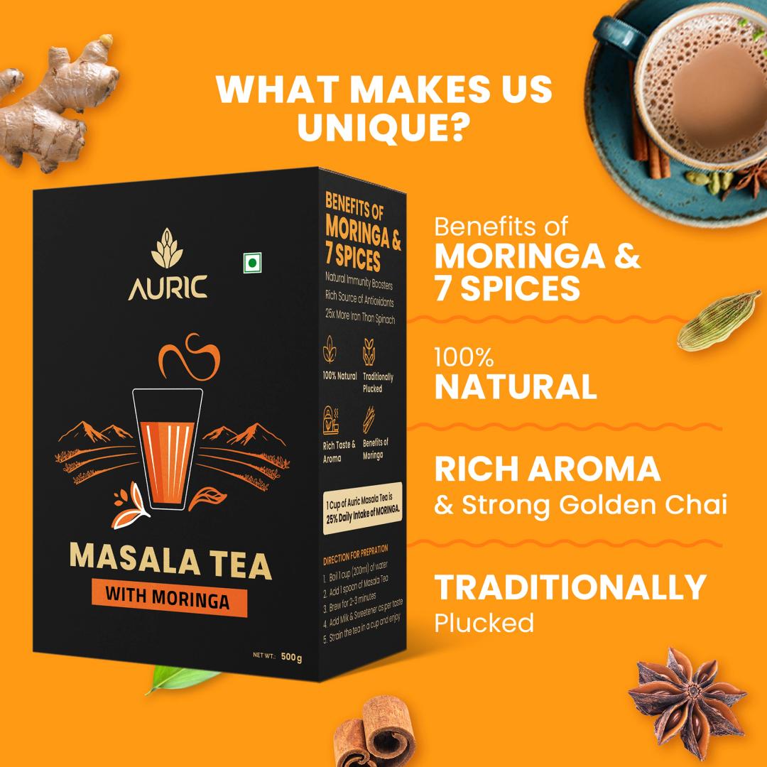 Auric Kadak Moringa Masala Tea - Black Tea from Assam & Darjeeling | Tea Masala Powder Blended with Real Spices (Cardamom, Ginger, Black Pepper) 500 Gms