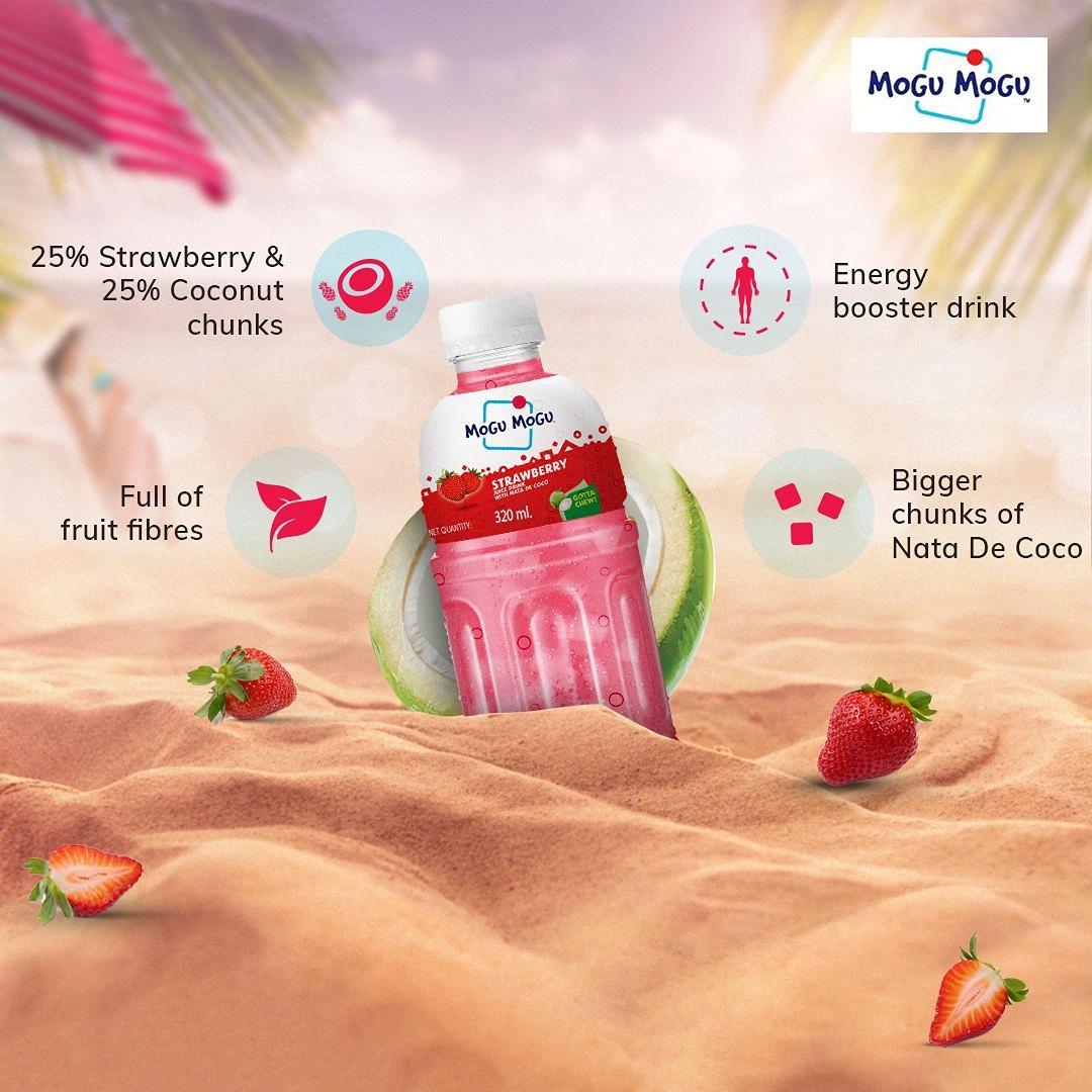 Mogu Mogu Strawberry Juice 25% with Nata De Coco 320ml (Pack of 6)