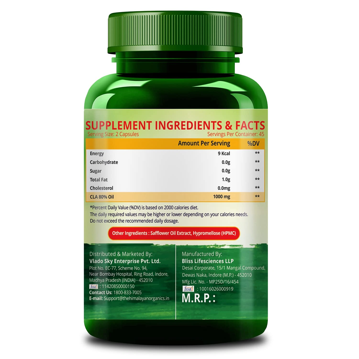 Vlado's Himalayan Organics Plant Based CLA 1000 Safflower Oil Extract Fat Burner Supplement | Immunity Booster, Weight Management, Lean Muscle Mass | Good For Men And Women -90 Veg Capsules