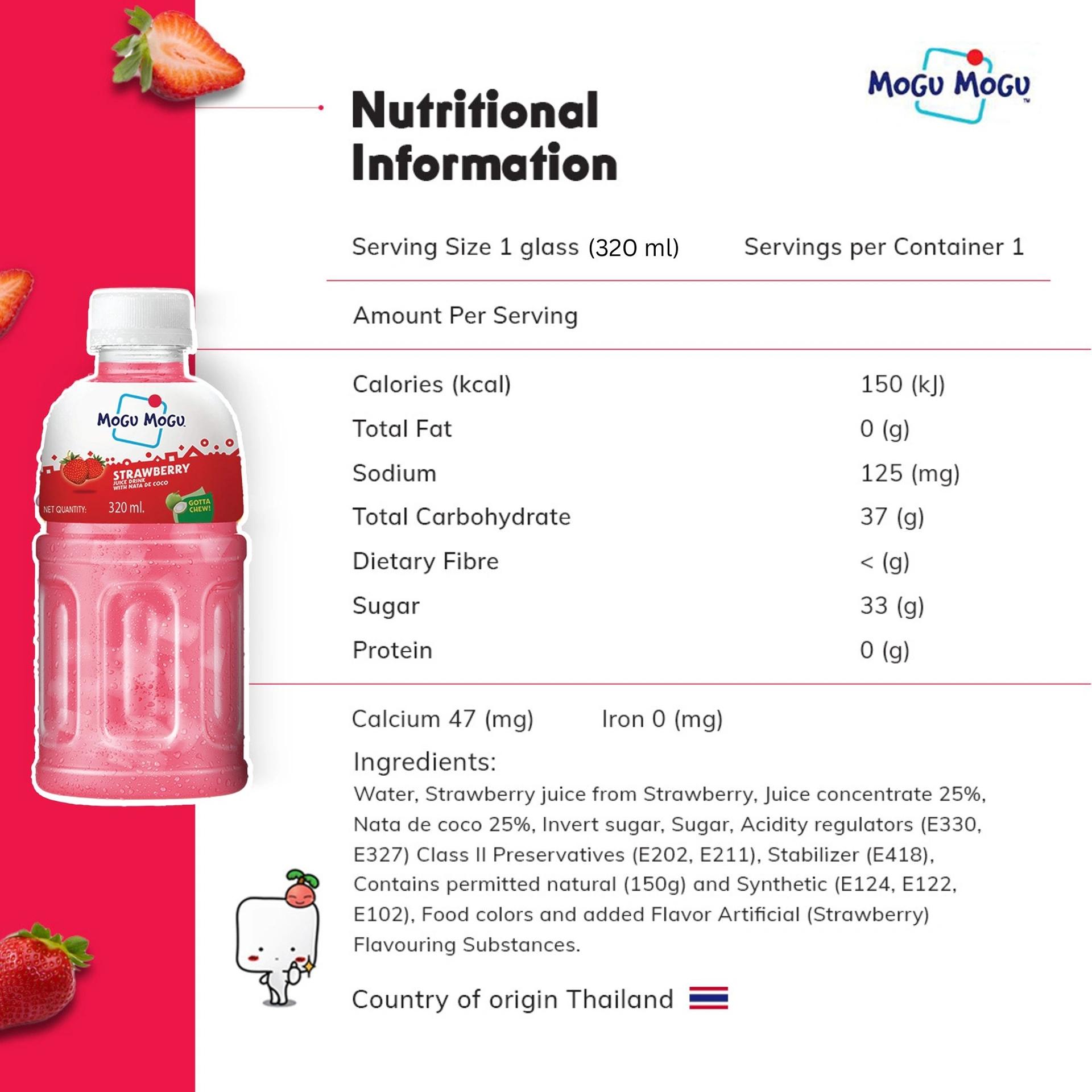 Mogu Mogu Strawberry Juice 25% with Nata De Coco 320ml (Pack of 6)