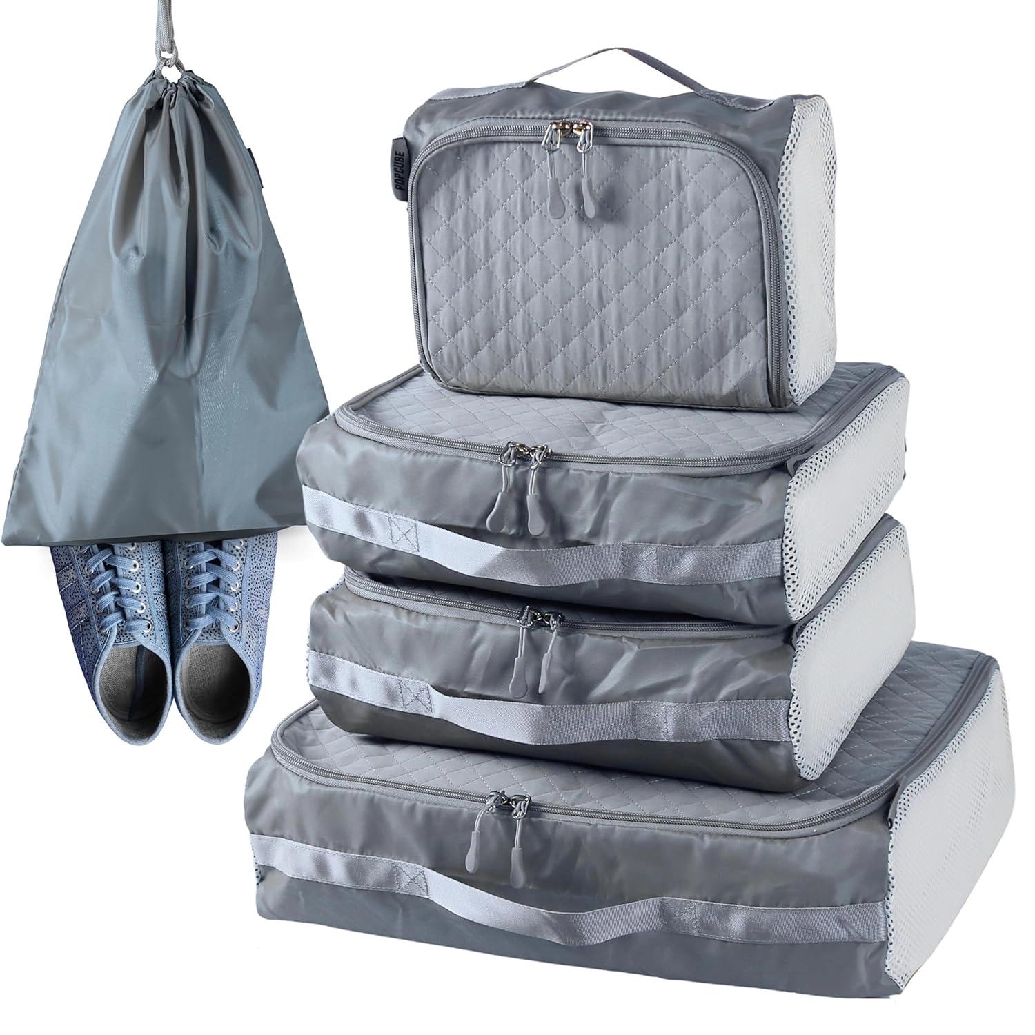 Polyester Premium Packing Cubes For Travel – Quilted Packing Cubes For Travel–Travel Bag Organisers For Luggage For Men&Women – Set Of 5 Packing Bags With A Shoe Bag For Clothes,Shoes. (Grey)