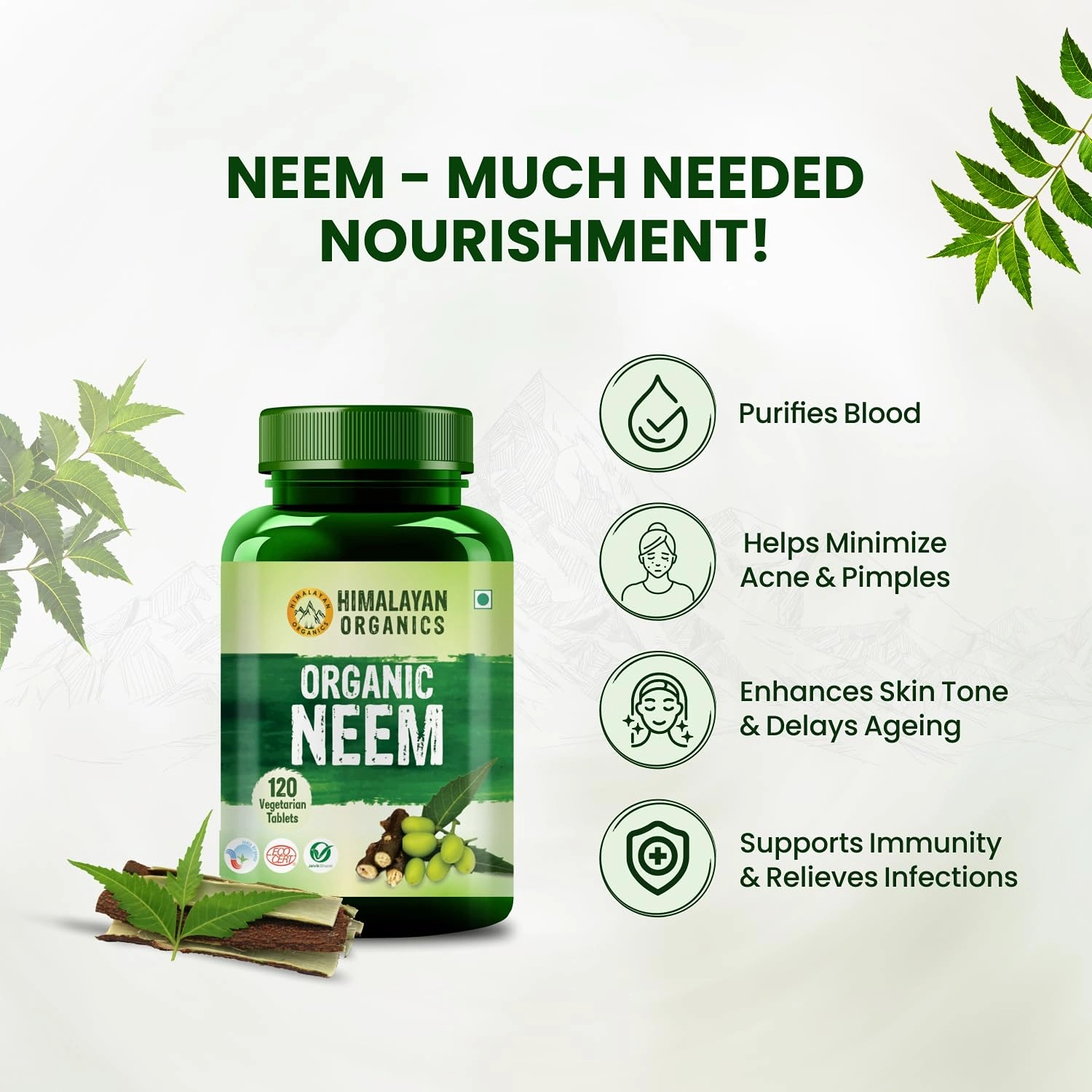 Vlado's Himalayan Organics Organic Neem Tablets | Helps In Purification of Blood | Healthy Skin & Hair (120 Tablets)