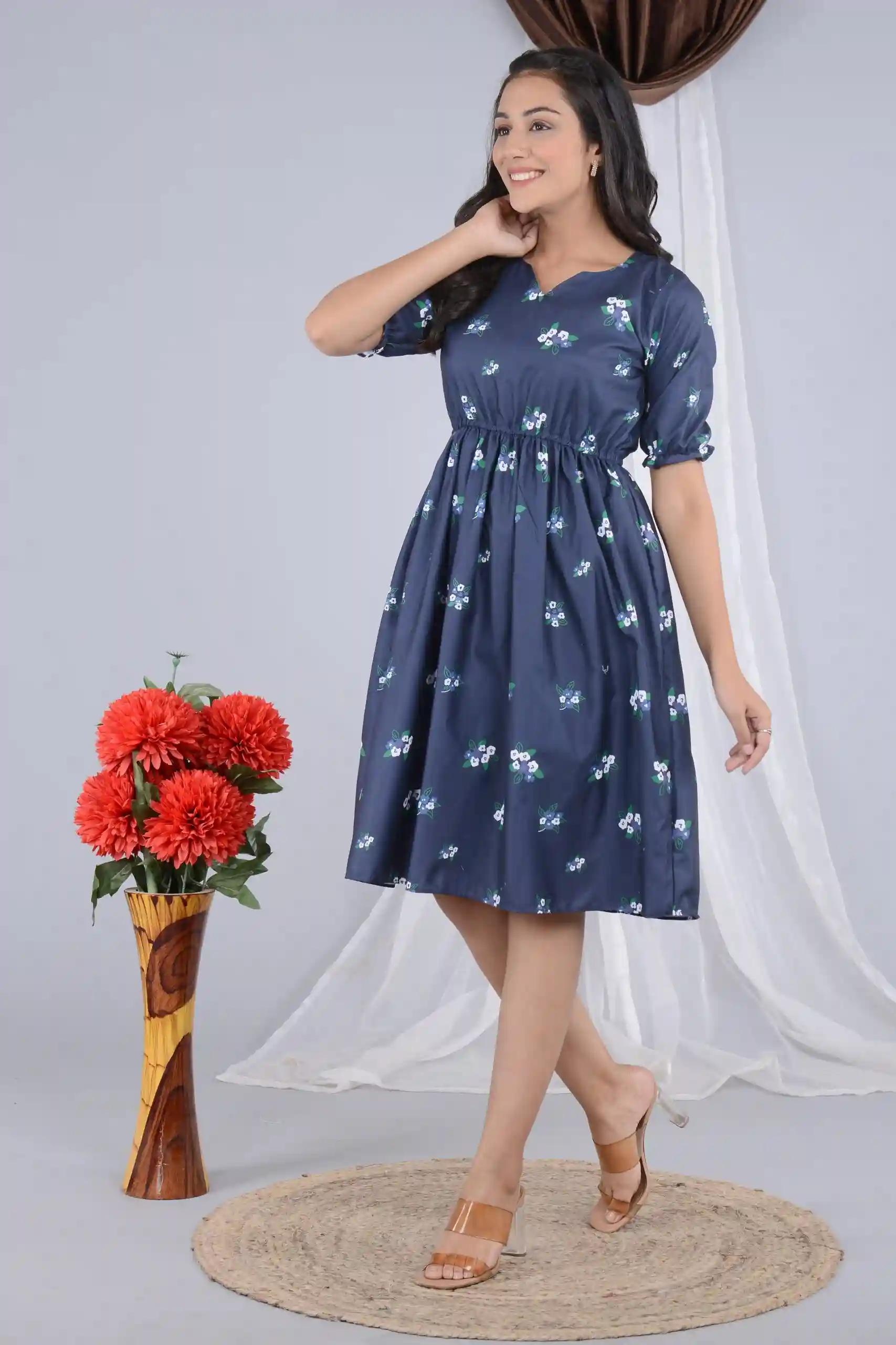 Floral Print Knee Length Navy Blue Dress for Women