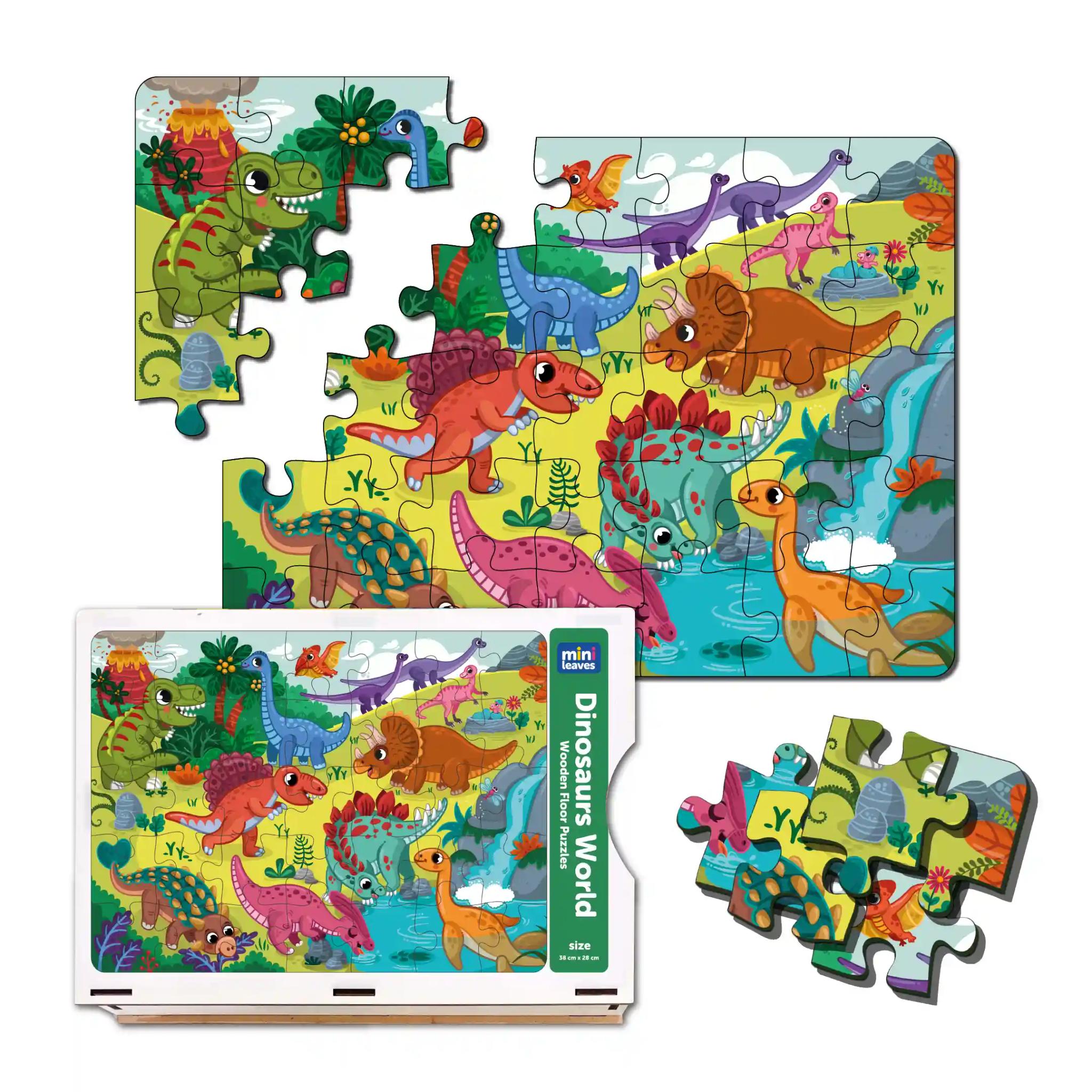 Mini Leaves  Dinosaurs World 48 Piece Wooden Floor Puzzle for Kids with Booster Cards & Wooden Box