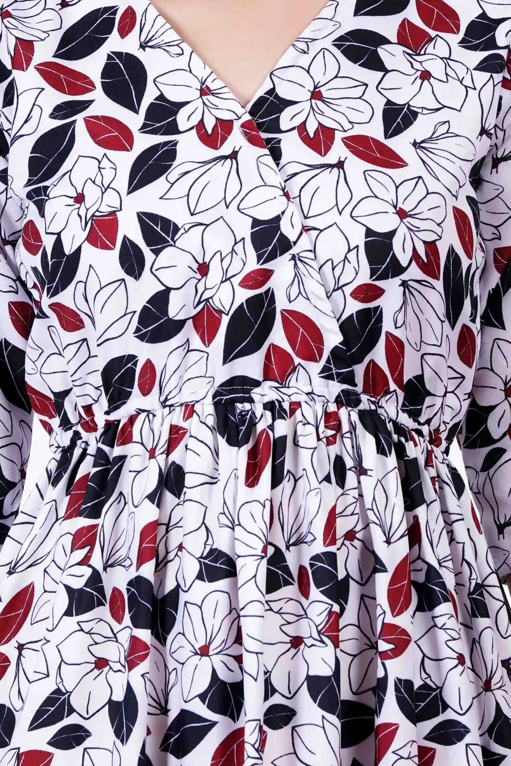Floral Print Knee Length V-Neck Dress for Women
