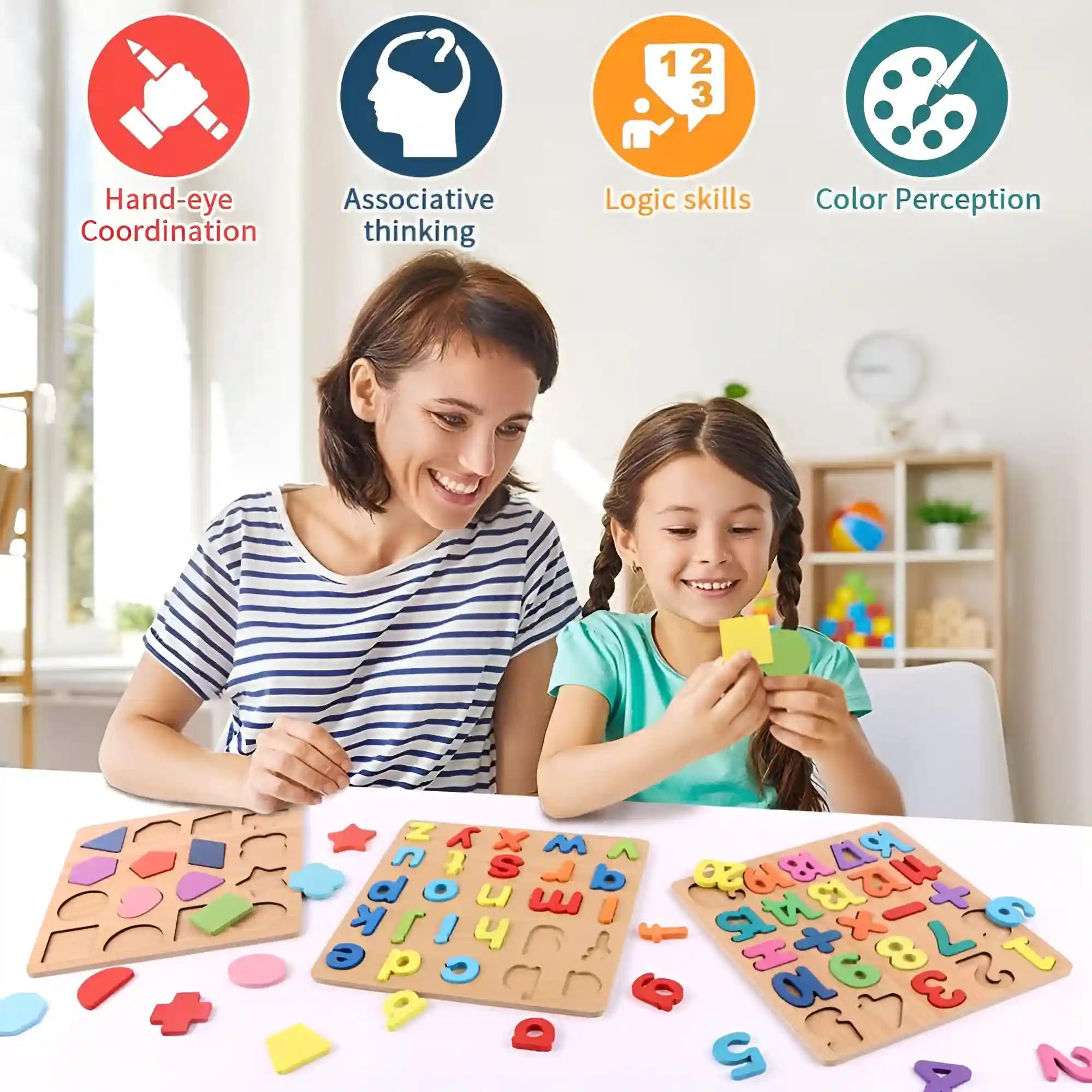 Hand Scraping Board Puzzle Number Alphabet Cognitive Early Education Toy Puzzle Wooden Alpha Numeric & Shapes Puzzles Learning Tool For Preschoolers A To Z, 1 To 20 & Shapes (Pack Of 6)