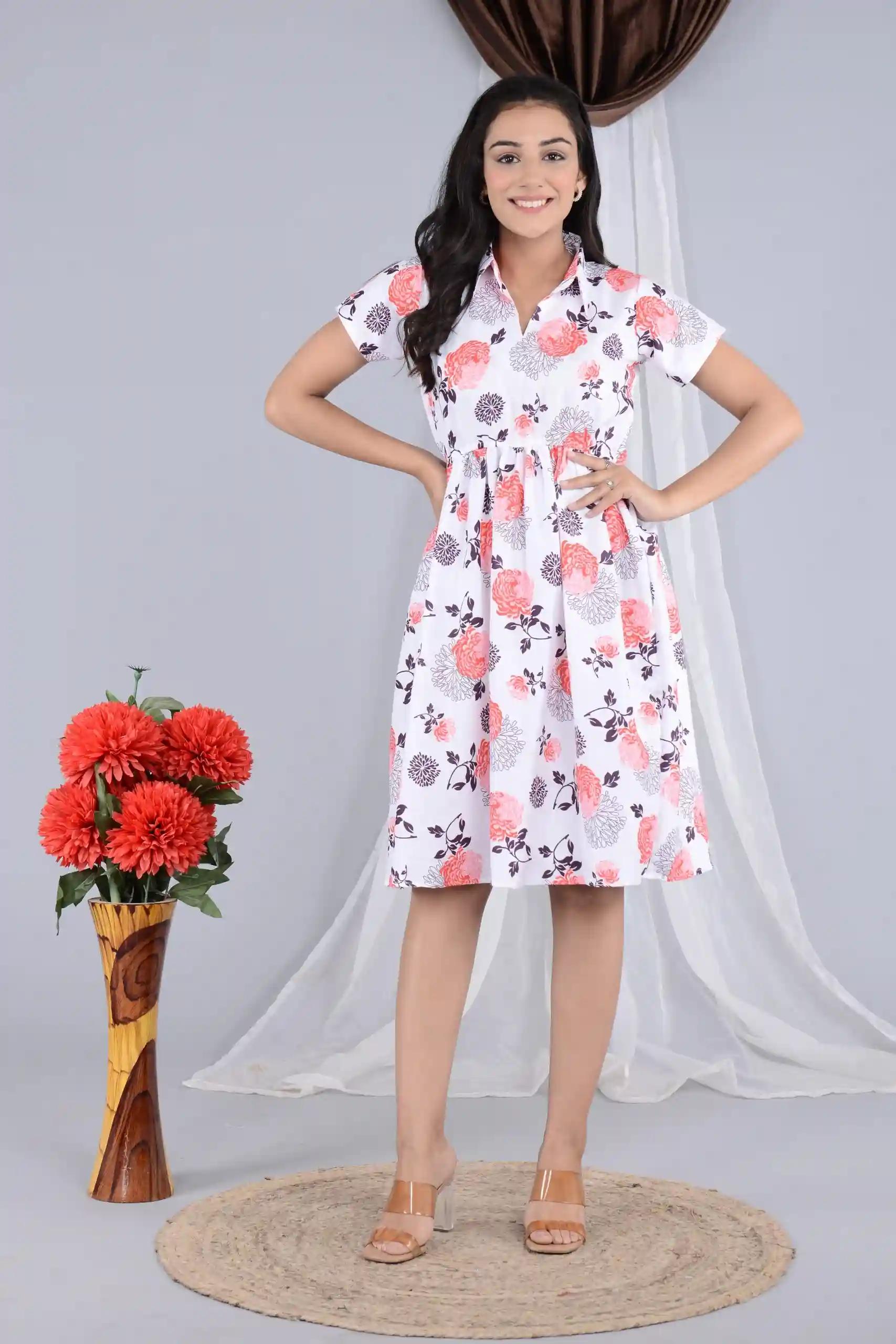 Women's Floral Print Knee Length Collar Dress