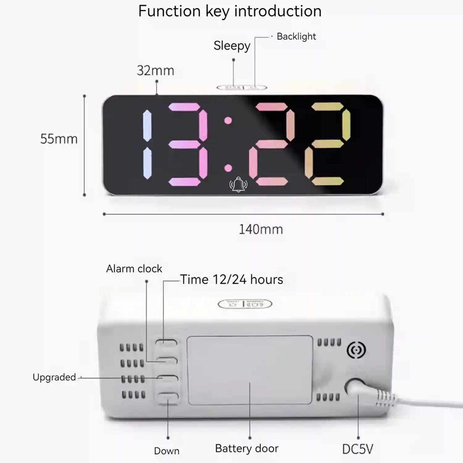 Digital Led Mirror Alarm Clock Large Display Usb Rechargeable Temperature Snooze Timing Dimmer Function Innovative Rgb Multi Colorful Numeric Numbers Table Top Alarm Clock (1-Pcs)