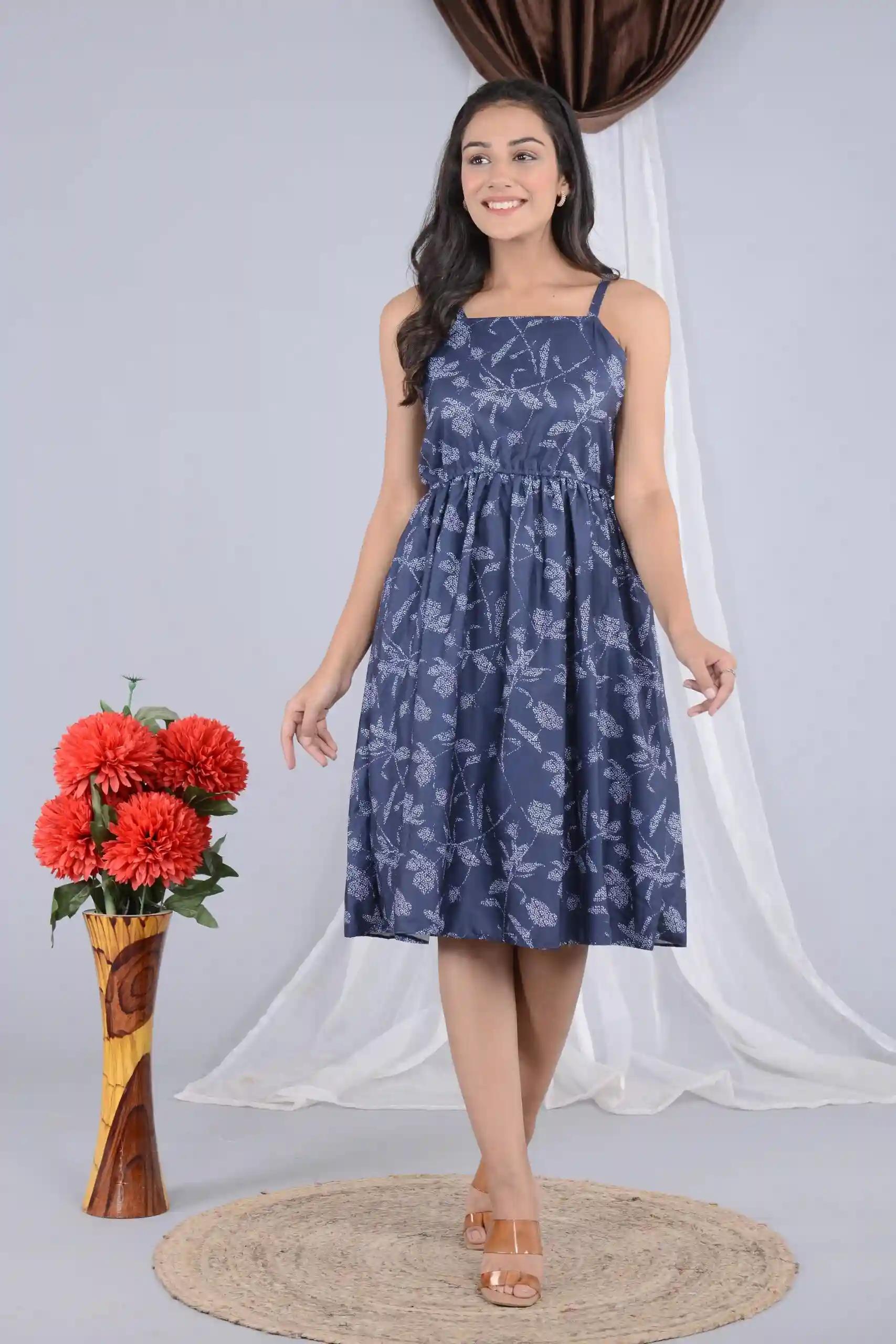 Floral Print Blue Strap Dress for Women