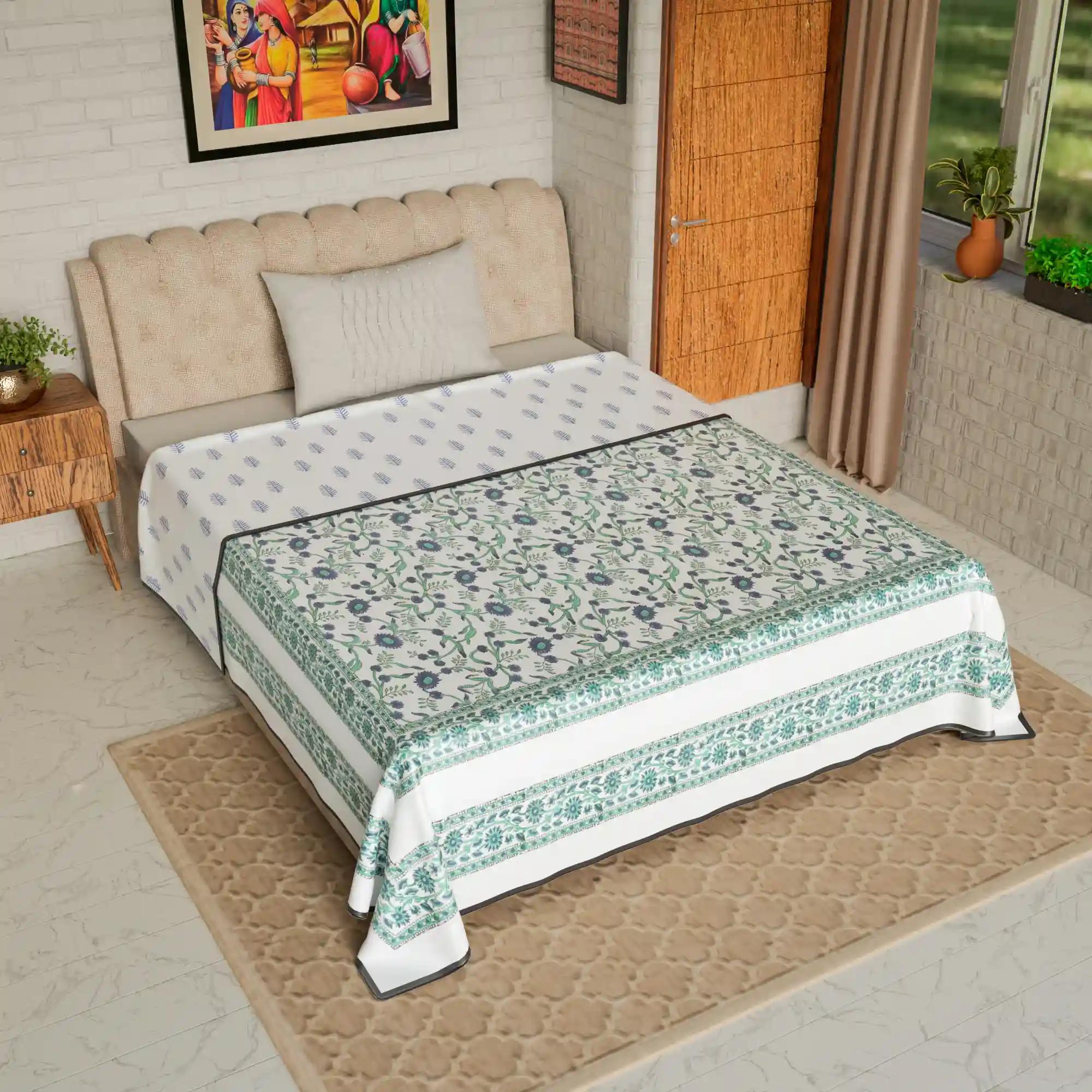 Jaipur Dohar Hand Block Printed Single Bed Cotton Dohar - Blue Green Floral