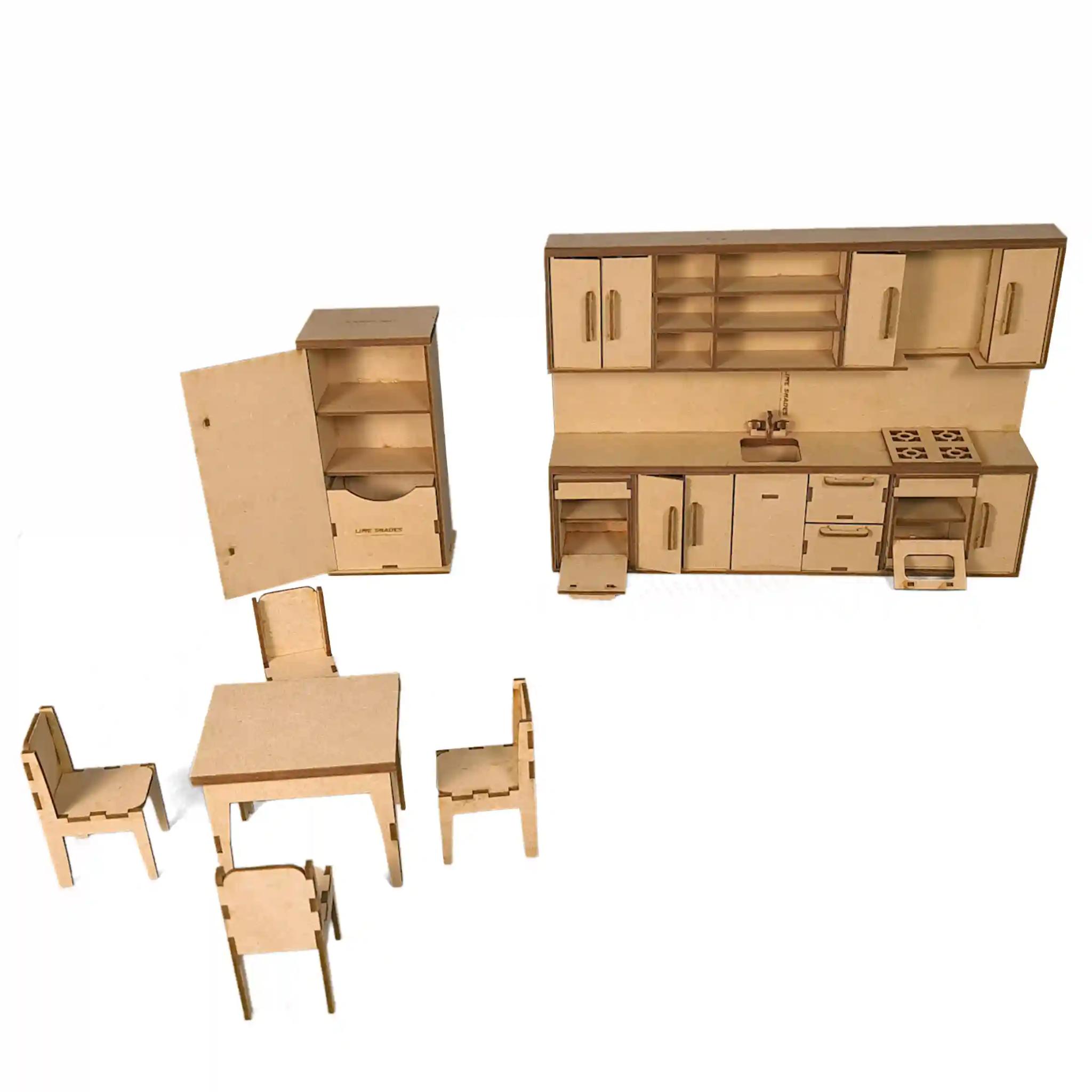 Complete Modular Miniature Kitchen Set with Set of 7 Miniature Furniture in MDF Wood for Playing and Decoration