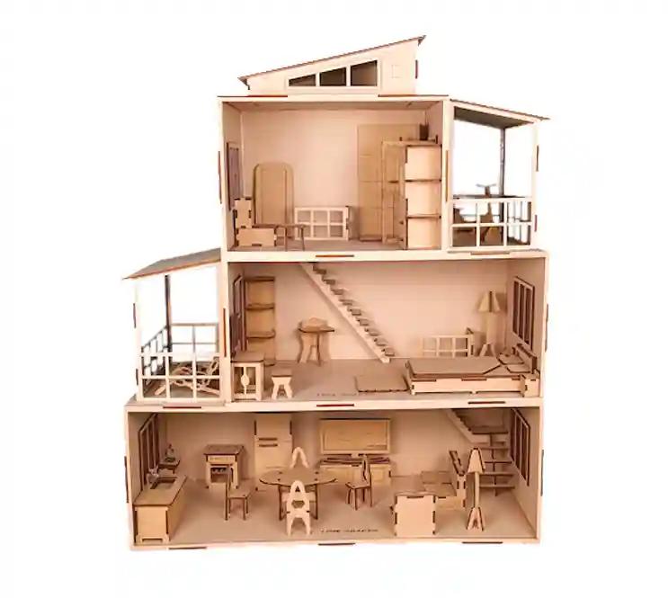 Full Ready Wooden 3 Storey Dollhouse with Set of 31 Miniature Furniture,Colors and Brush