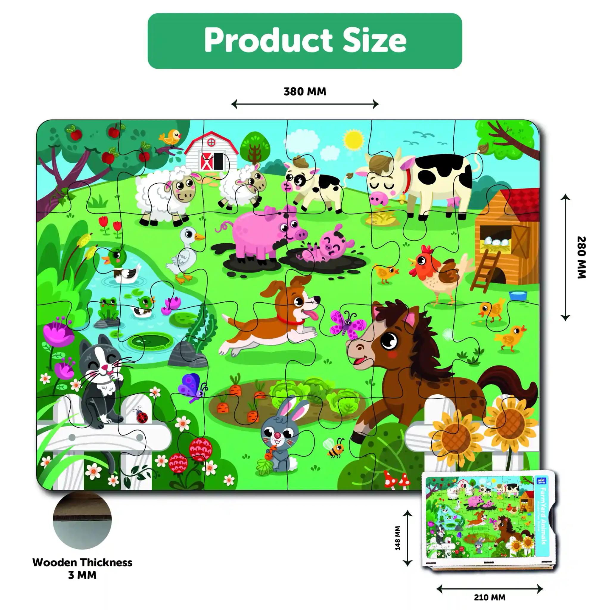 Mini Leaves Farm Animal Premium Wooden Floor Puzzle for Kids 24 Pieces with Wooden Box