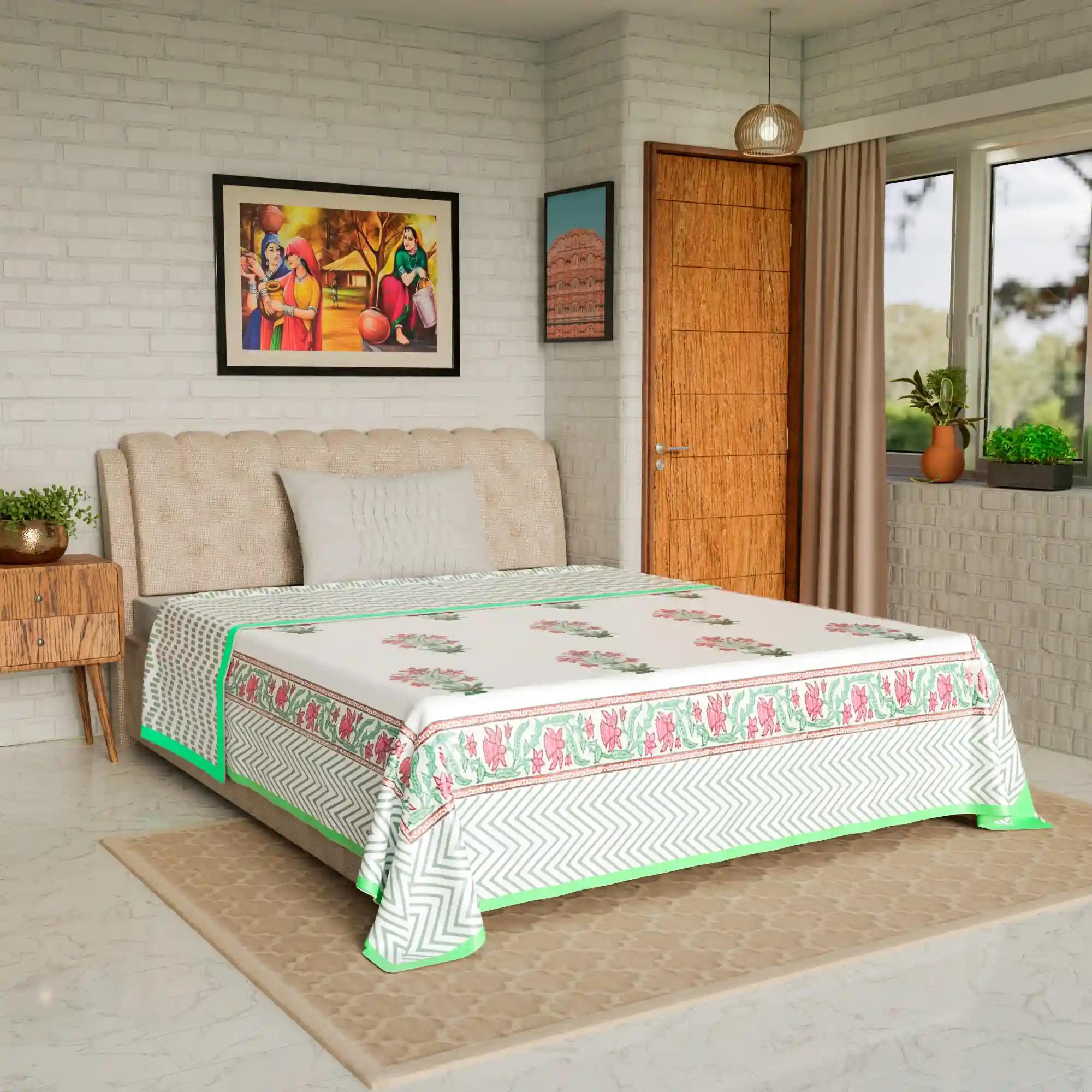 Jaipur Dohar Hand Block Printed Single Bed Cotton Dohar - Green Pink Plant