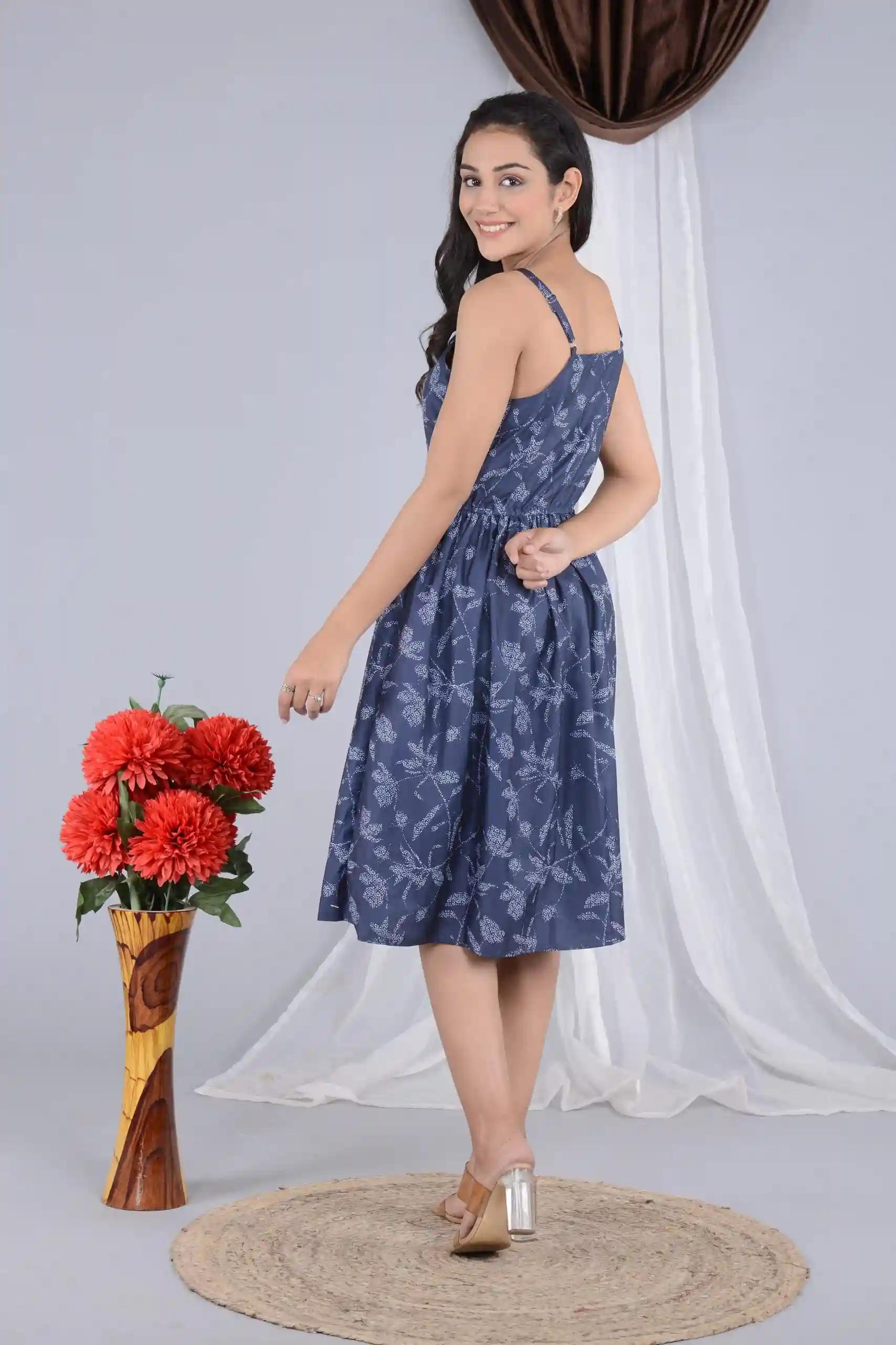 Floral Print Blue Strap Dress for Women