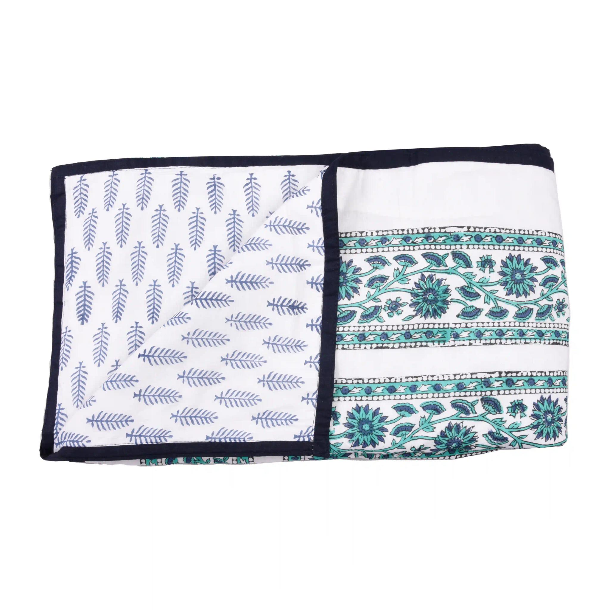 Jaipur Dohar Hand Block Printed Single Bed Cotton Dohar - Blue Green Floral