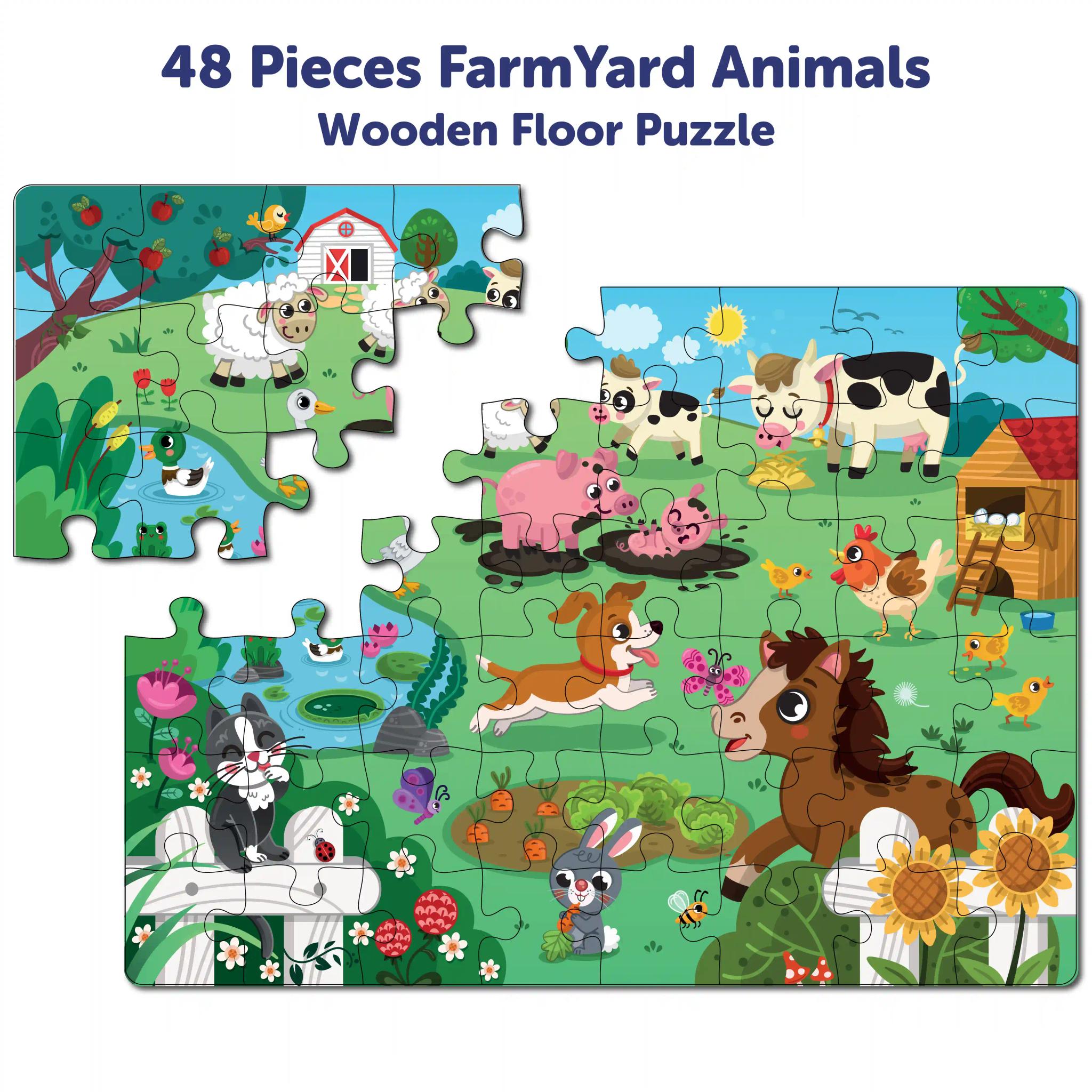 Mini Leaves Farm Animal Premium Wooden Floor Puzzle for Kids 48 Pieces with Wooden Box