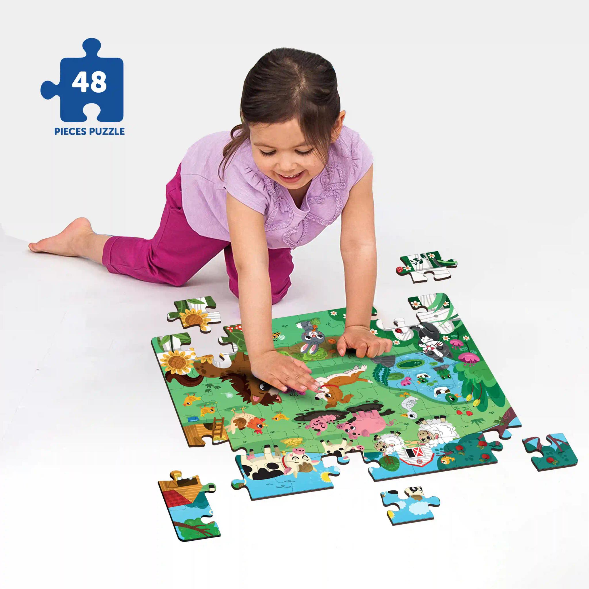 Mini Leaves Farm Animal Premium Wooden Floor Puzzle for Kids 48 Pieces with Wooden Box