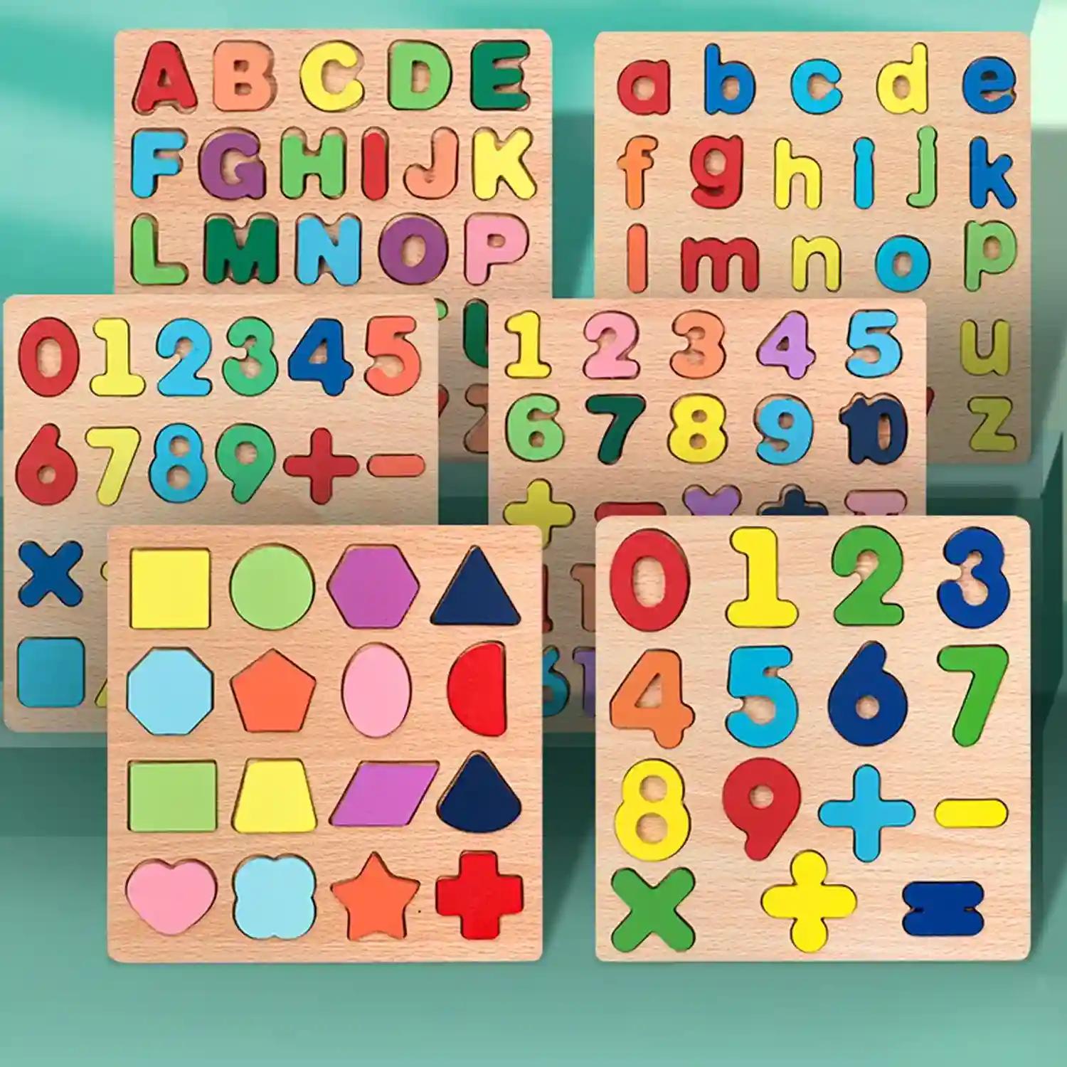 Hand Scraping Board Puzzle Number Alphabet Cognitive Early Education Toy Puzzle Wooden Alpha Numeric & Shapes Puzzles Learning Tool For Preschoolers A To Z, 1 To 20 & Shapes (Pack Of 6)