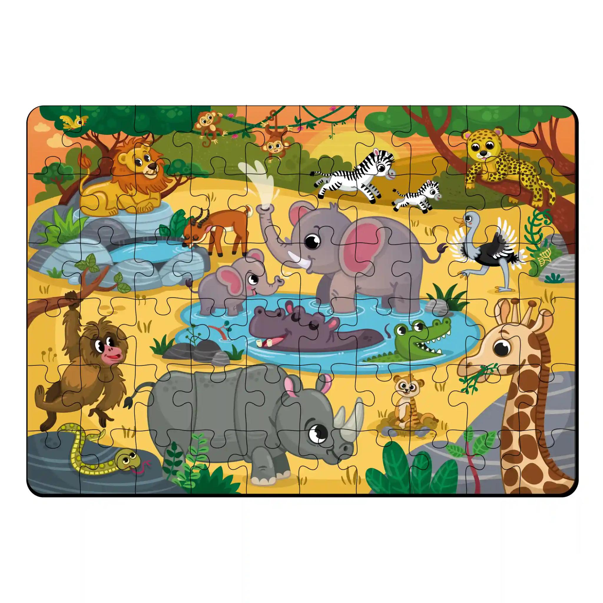 Mini Leaves Wild Safari Animals 60 Pieces Wooden Jigsaw Floor Puzzle with Wooden Box