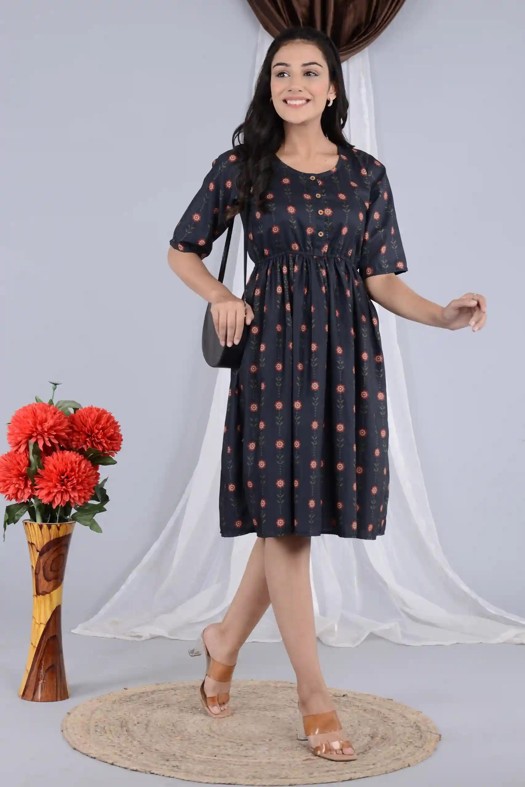 Floral Print Round Neck Dress for Women