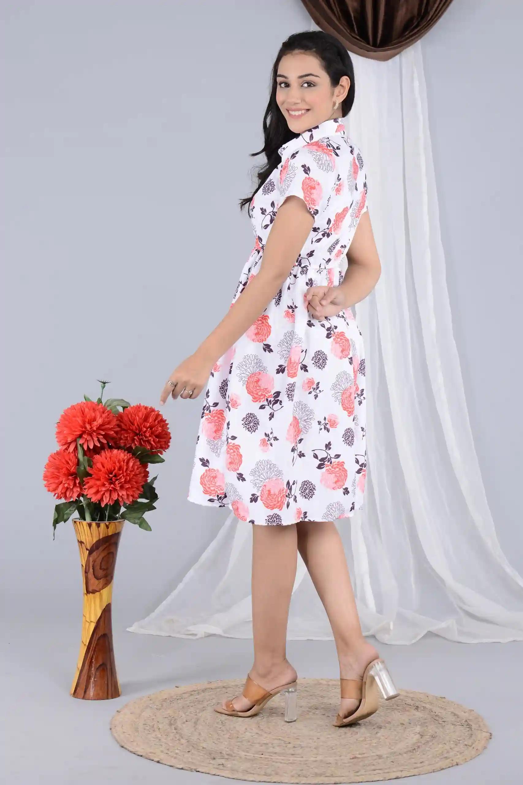 Women's Floral Print Knee Length Collar Dress