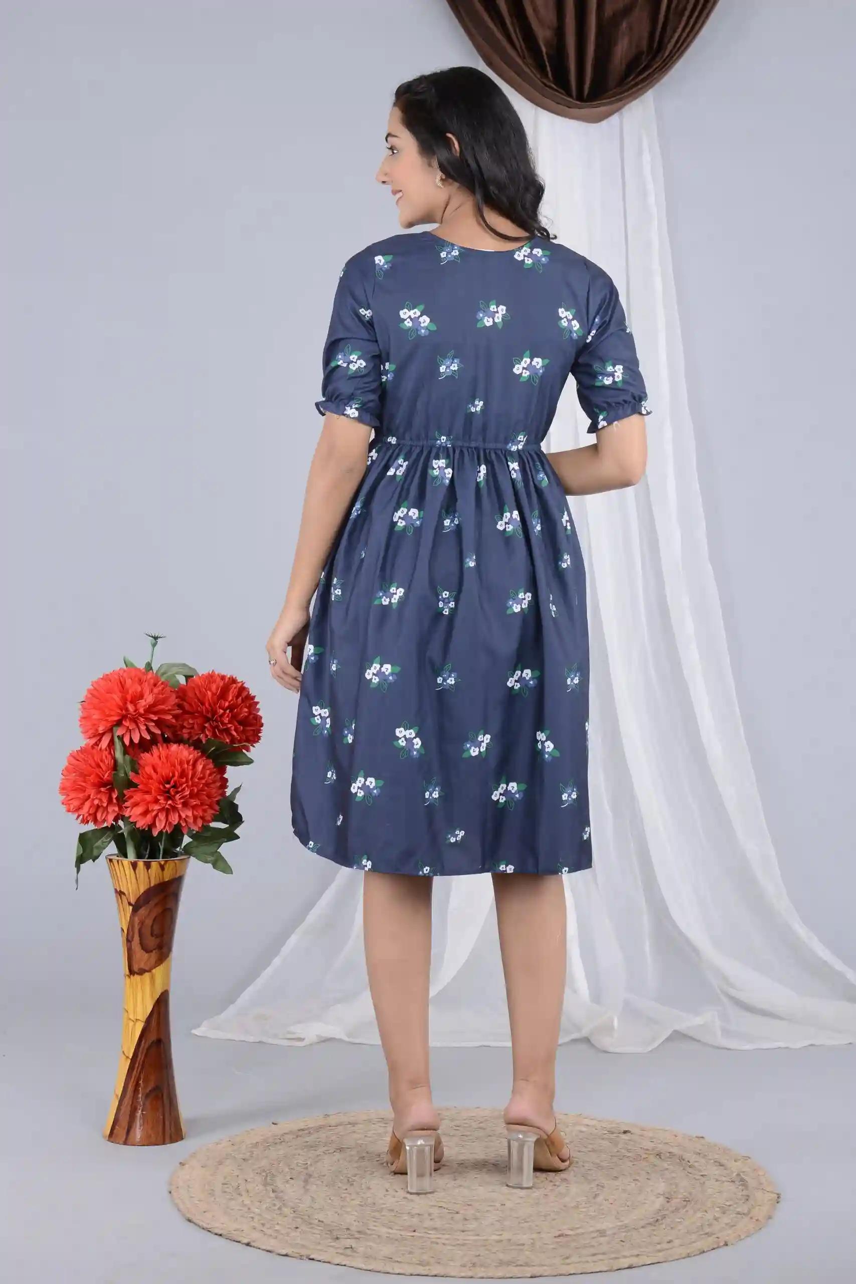 Floral Print Knee Length Navy Blue Dress for Women