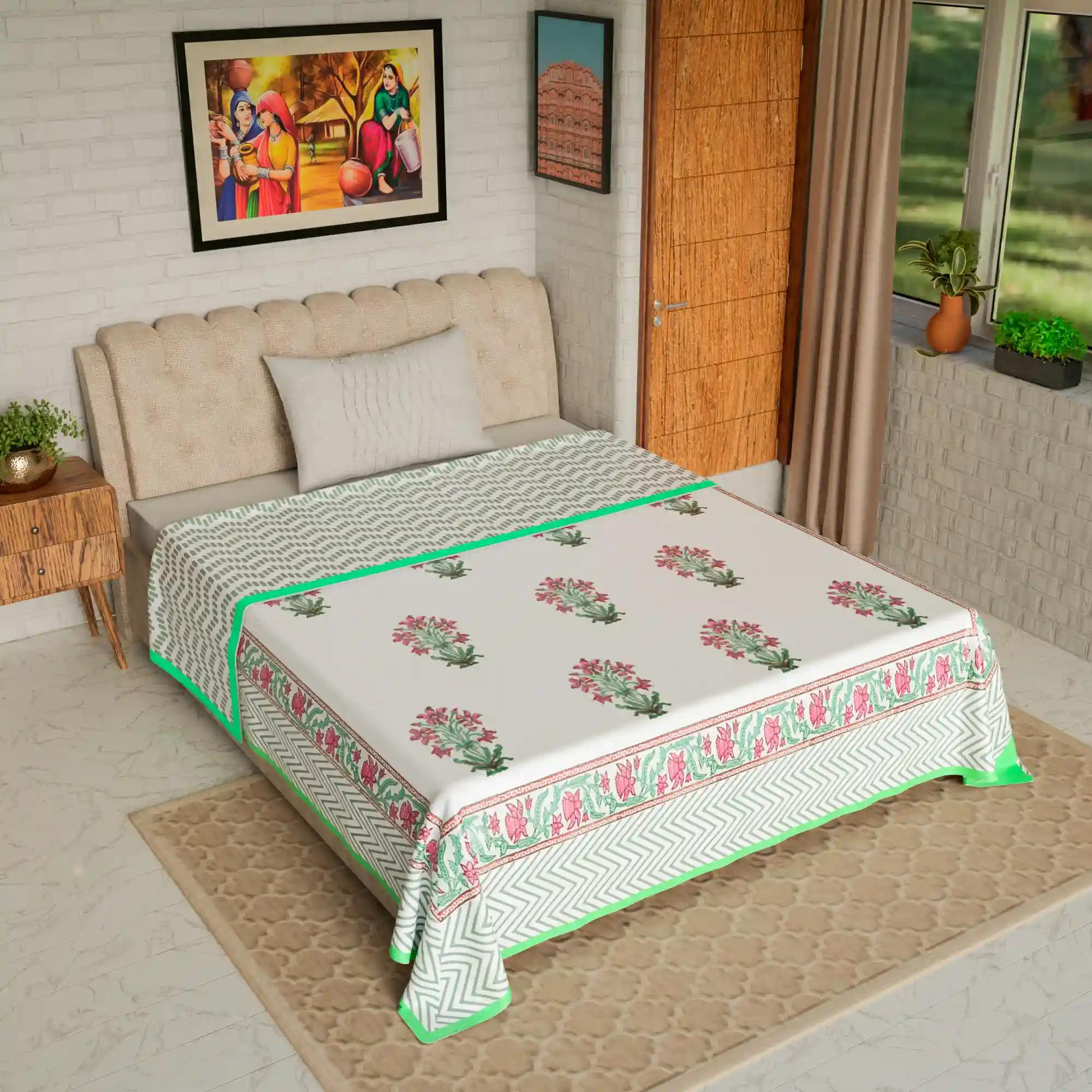 Jaipur Dohar Hand Block Printed Single Bed Cotton Dohar - Green Pink Plant