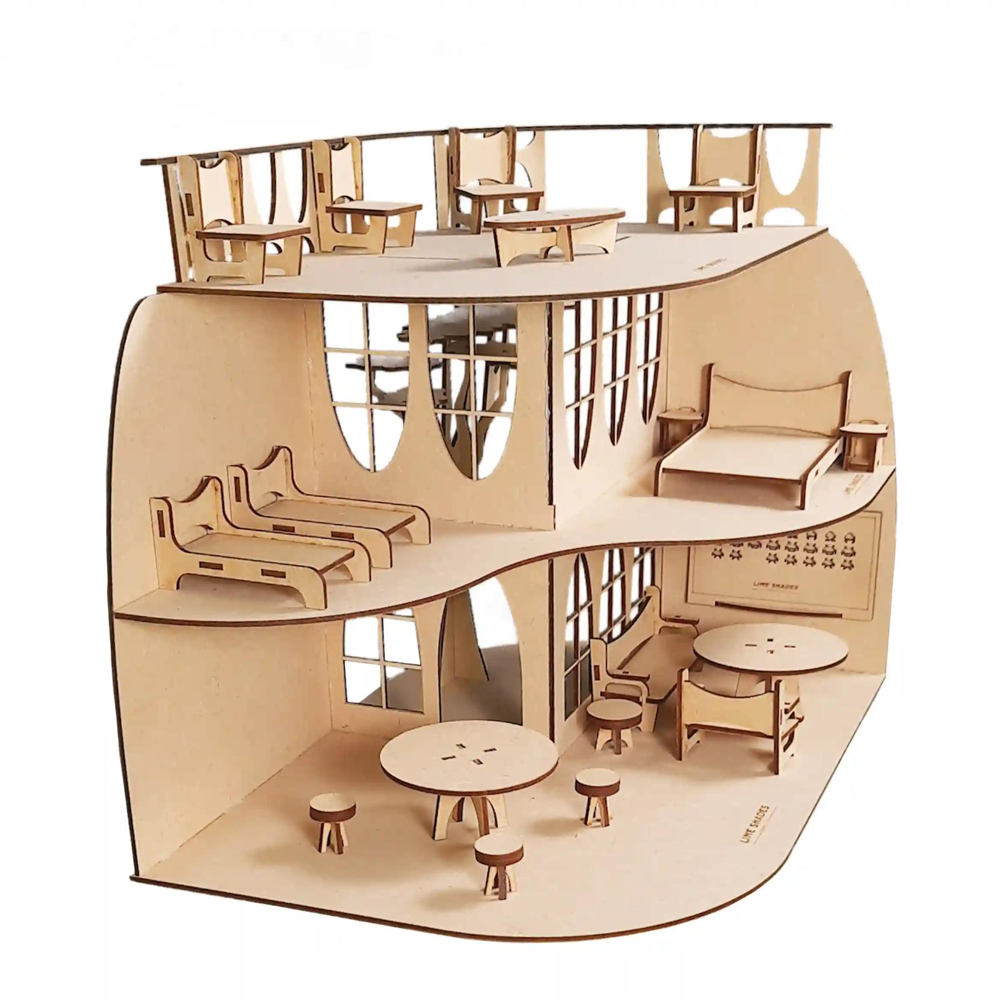 DIY Wooden 2-Storey Dollhouse with Set of 16 Dollhouse Accessories and a Tree