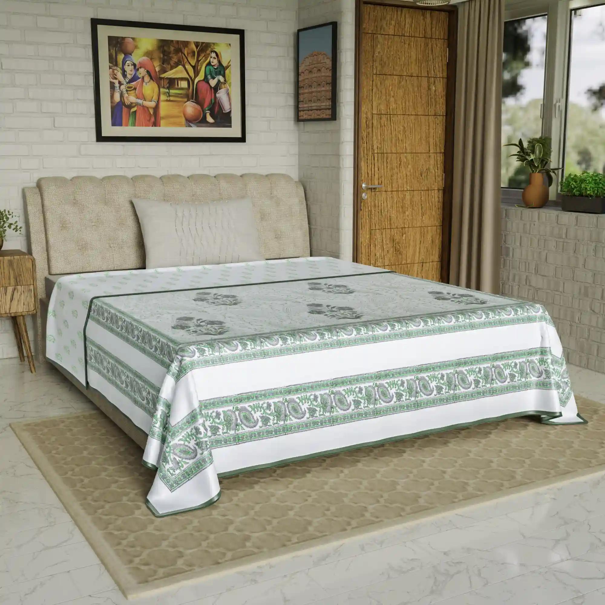 Jaipur Dohar Hand Block Printed Single Bed Cotton Dohar - Dark Green Bouquet