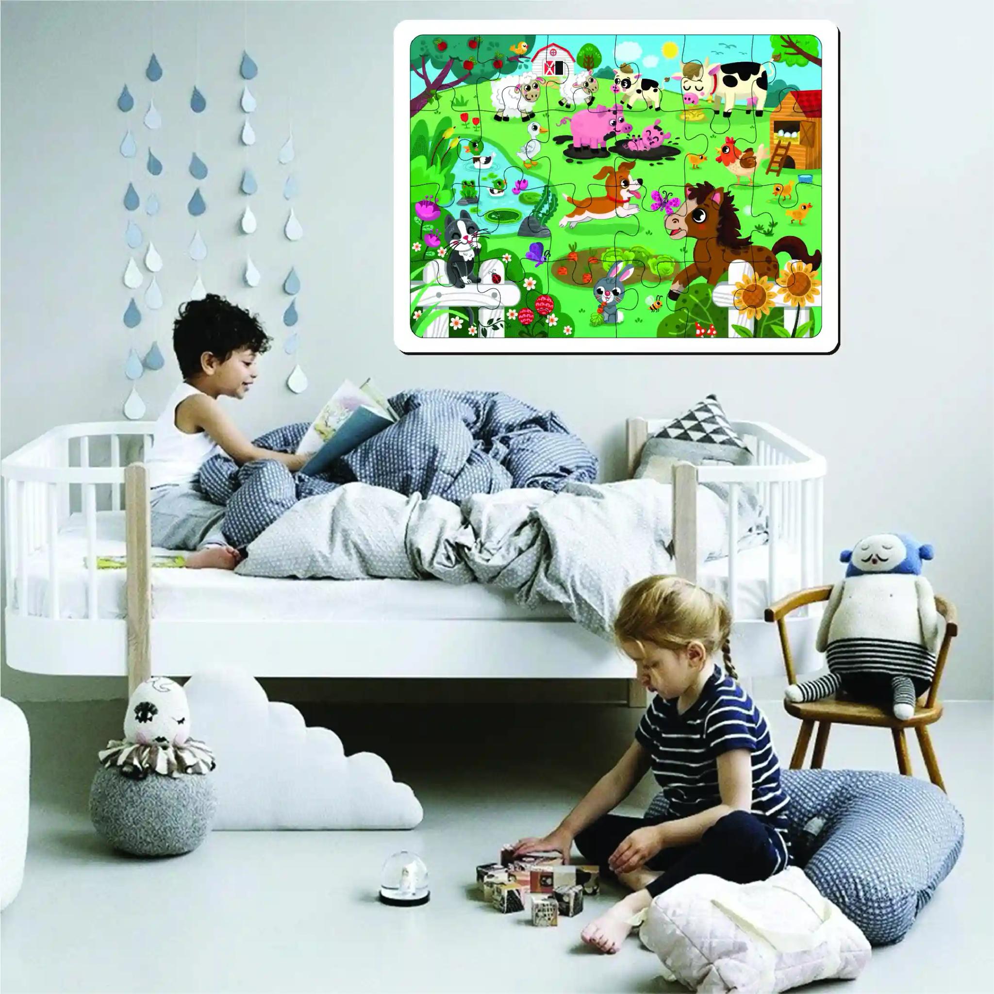 Mini Leaves Farm Animal Premium Wooden Floor Puzzle for Kids 24 Pieces with Wooden Box