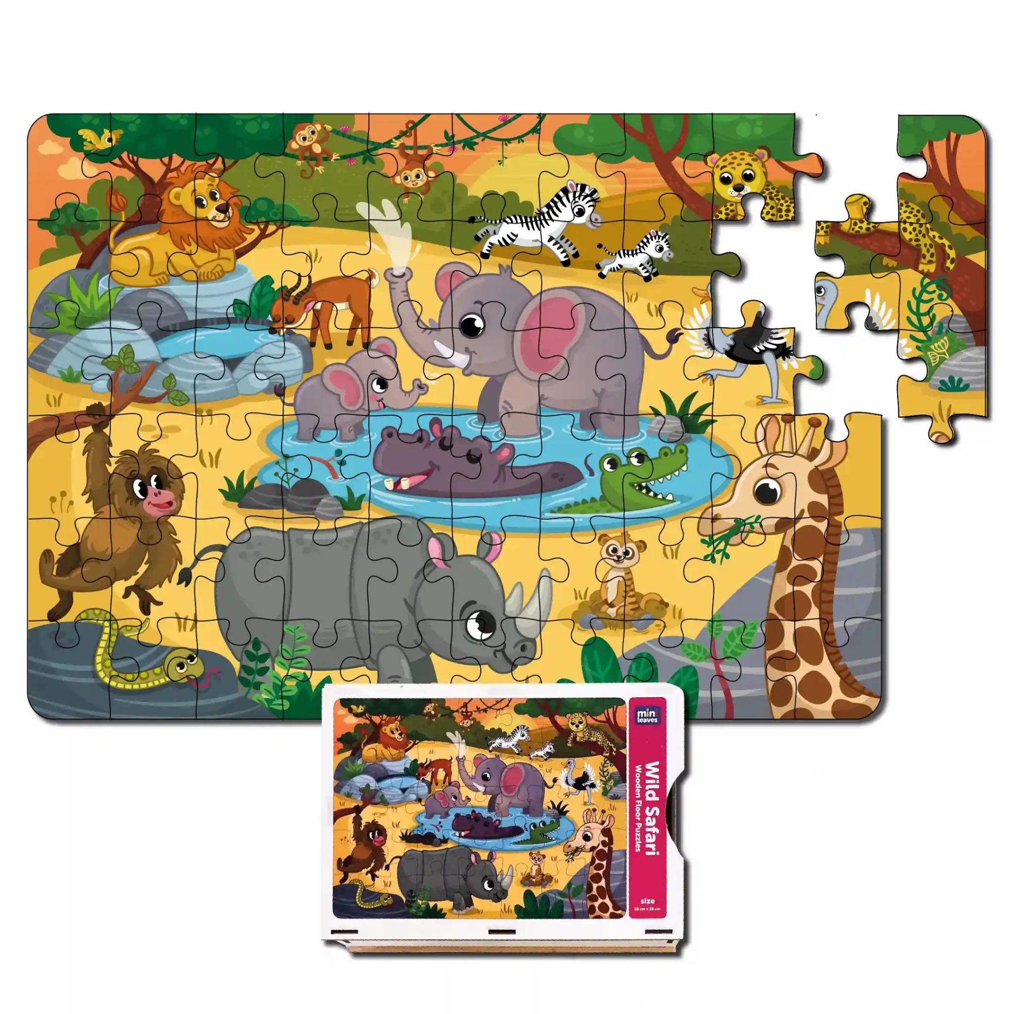 Mini Leaves Wild Safari Animals 60 Pieces Wooden Jigsaw Floor Puzzle with Wooden Box