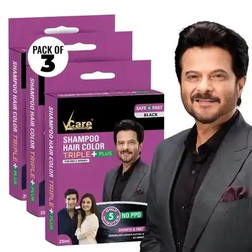 VCare Shampoo Hair Color - Black (25ml)|Colors and deeply nourishes your hair|Colours hair in minutes|Enriched with growth factors & antioxidants, Ammonia free, Sulphate free